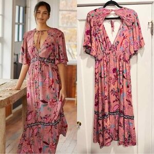 NWT Anthropologie Embroidered Maxi Dress Pink Floral Flutter Sleeve Medium Boho